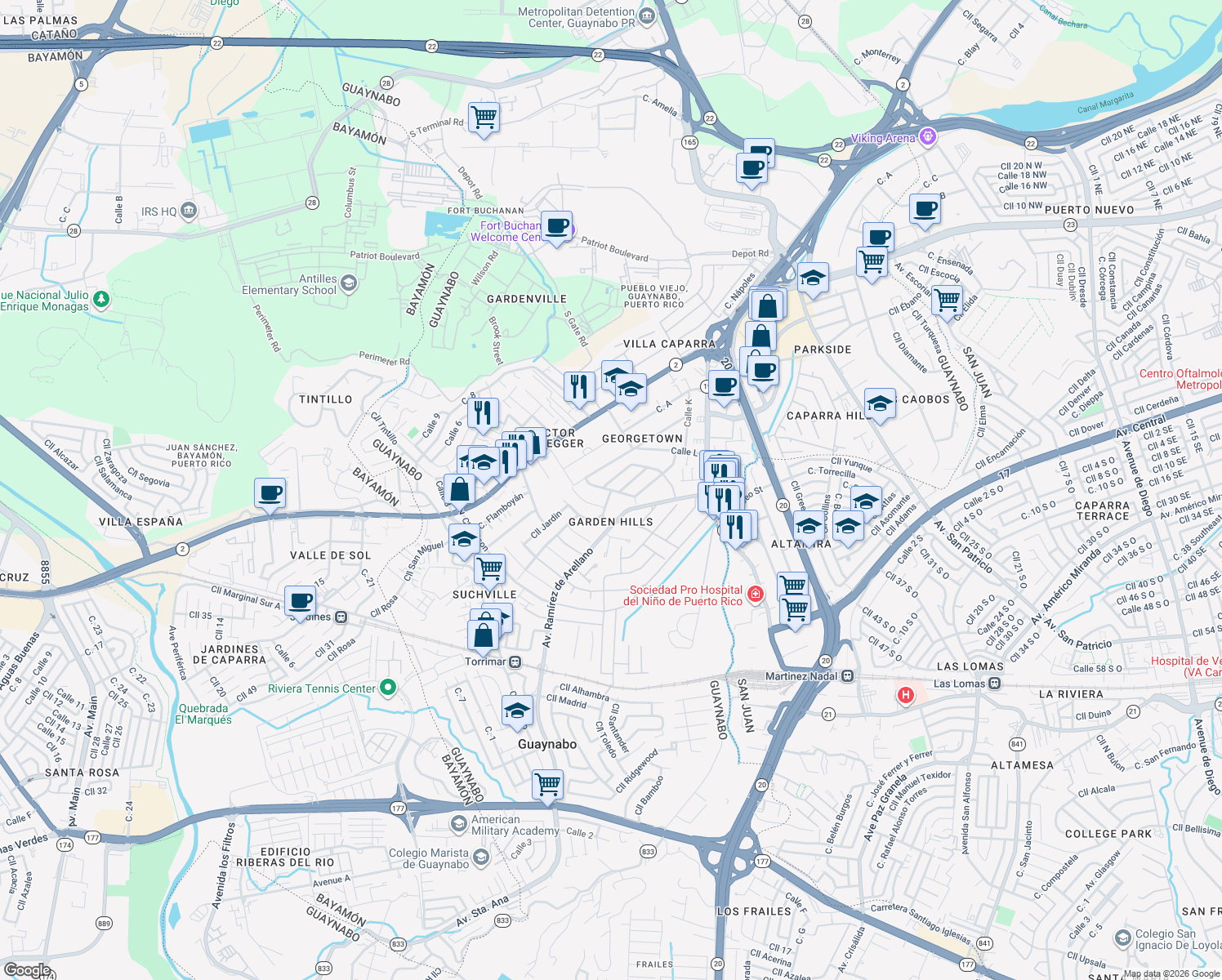 map of restaurants, bars, coffee shops, grocery stores, and more near Cll Green Valley in Guaynabo