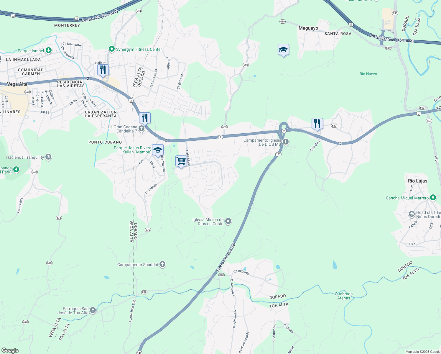 map of restaurants, bars, coffee shops, grocery stores, and more near 264 Calle Calandria in Dorado