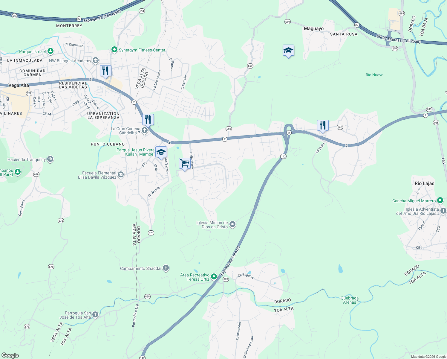 map of restaurants, bars, coffee shops, grocery stores, and more near 264 Calle Calandria in Dorado