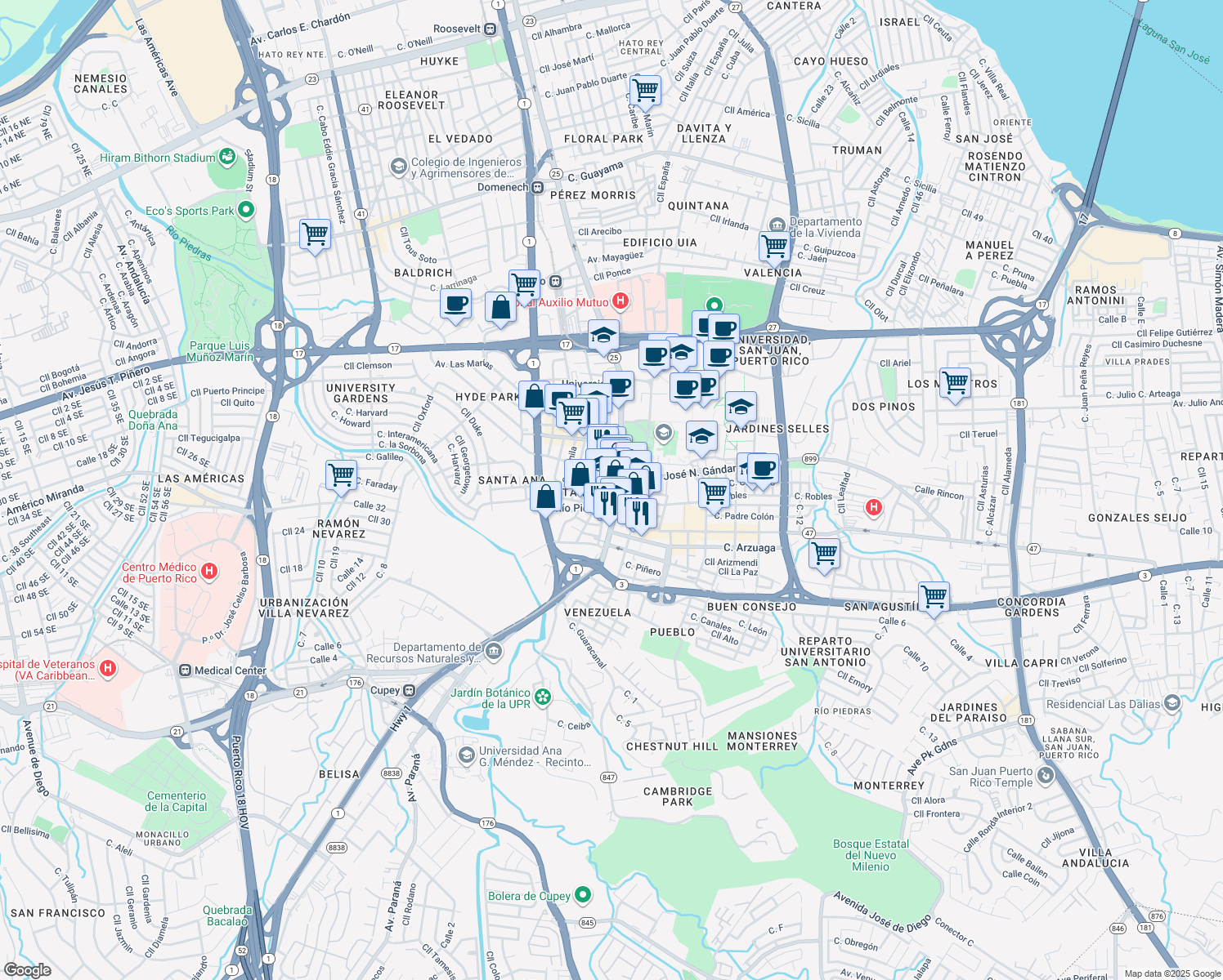map of restaurants, bars, coffee shops, grocery stores, and more near 1008-1014 Puerto Rico 25 in San Juan