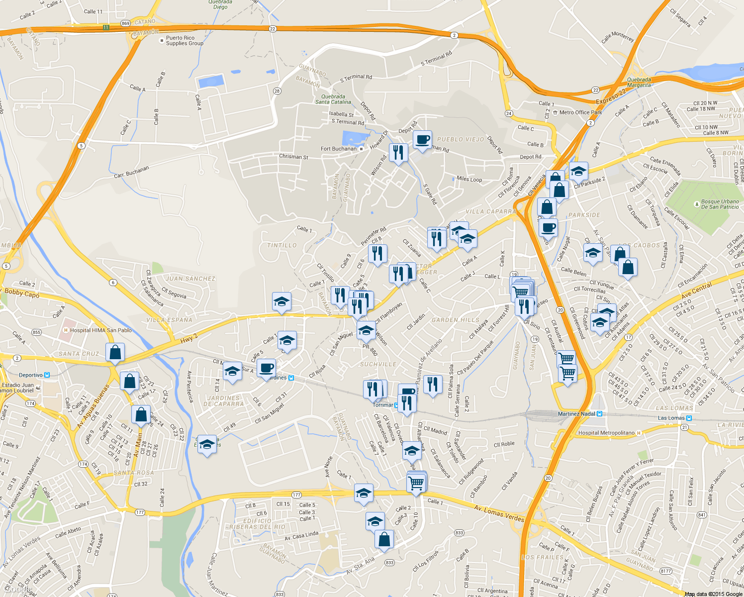 map of restaurants, bars, coffee shops, grocery stores, and more near 13 Calle Los Robles in Guaynabo