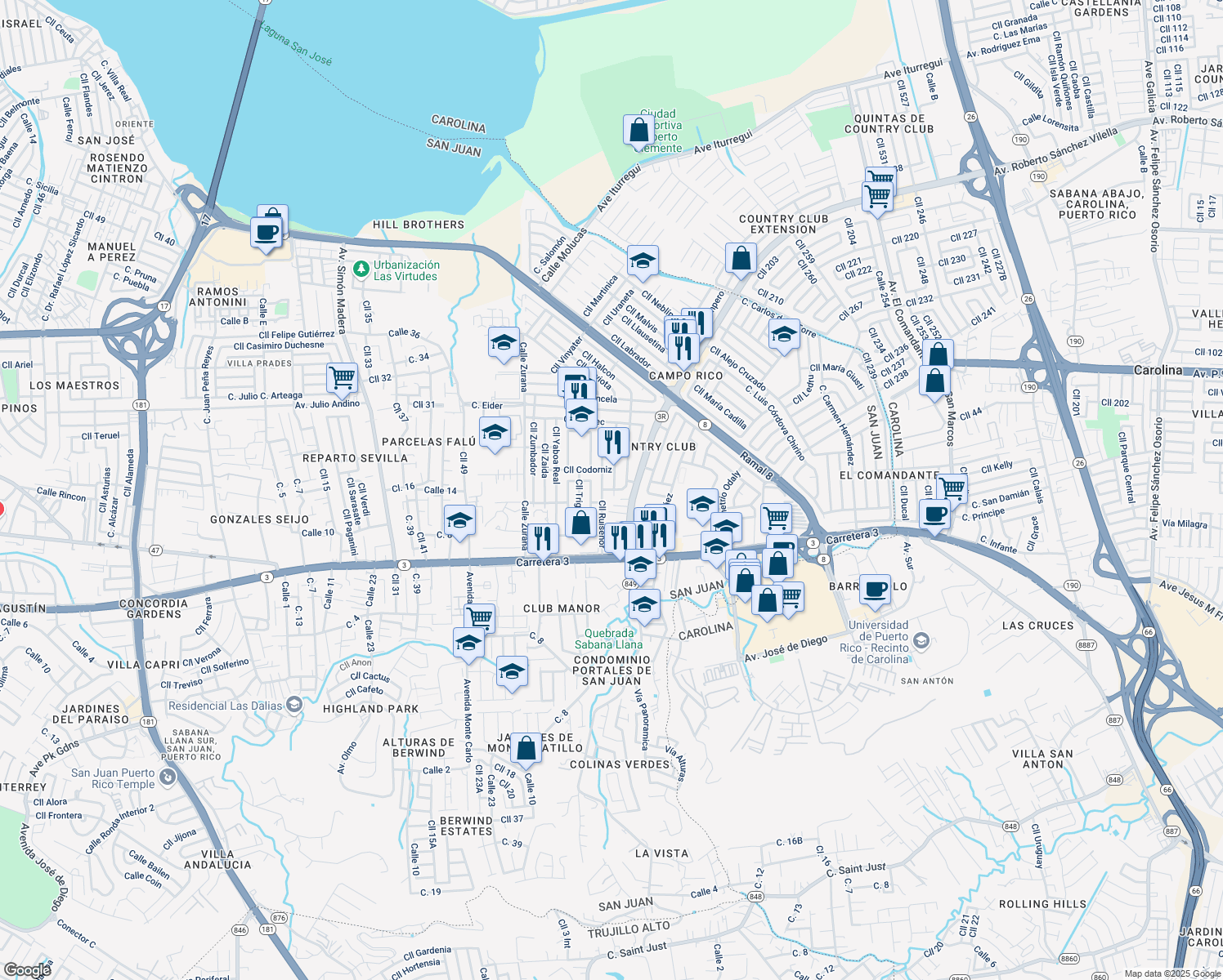 map of restaurants, bars, coffee shops, grocery stores, and more near 933-935 Calle Raspinel in San Juan