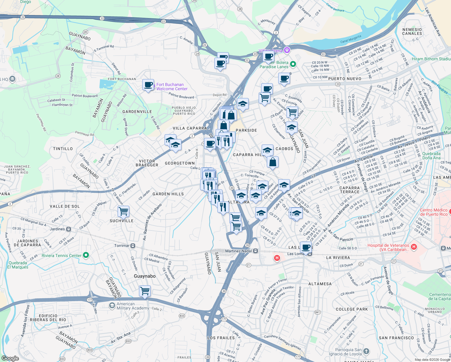 map of restaurants, bars, coffee shops, grocery stores, and more near 502-520 Calle Perseo in San Juan