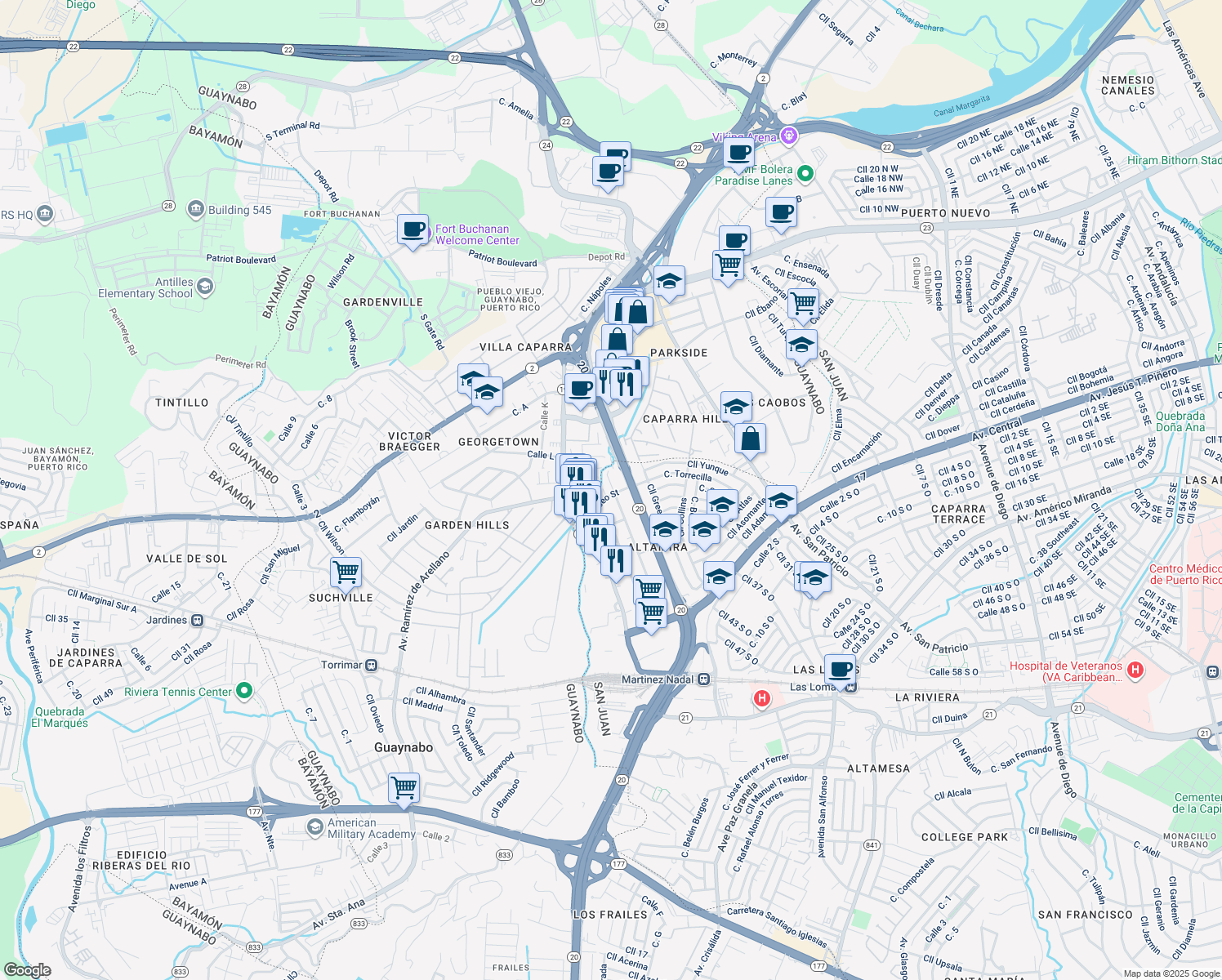 map of restaurants, bars, coffee shops, grocery stores, and more near 502-520 Calle Perseo in San Juan