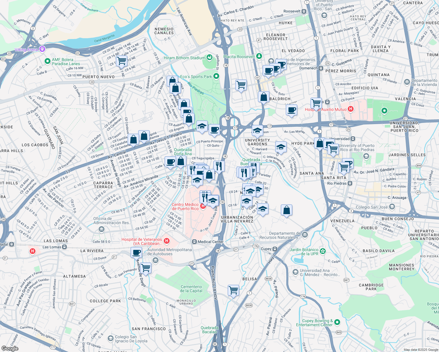 map of restaurants, bars, coffee shops, grocery stores, and more near Puerto Rico 18 in San Juan