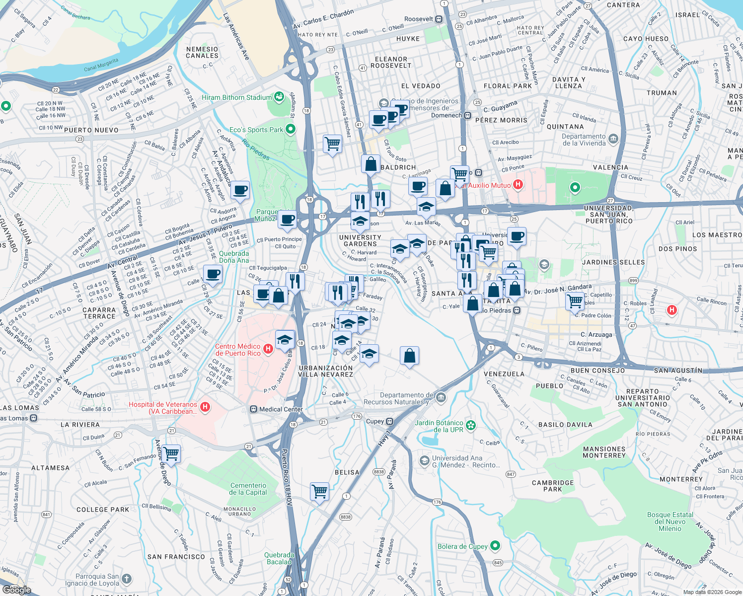 map of restaurants, bars, coffee shops, grocery stores, and more near 316 Calle Faraday in San Juan