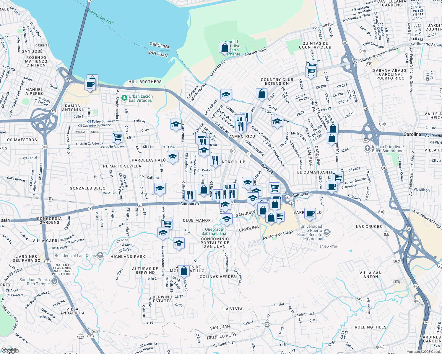 map of restaurants, bars, coffee shops, grocery stores, and more near 933 Calle Raspinel in San Juan