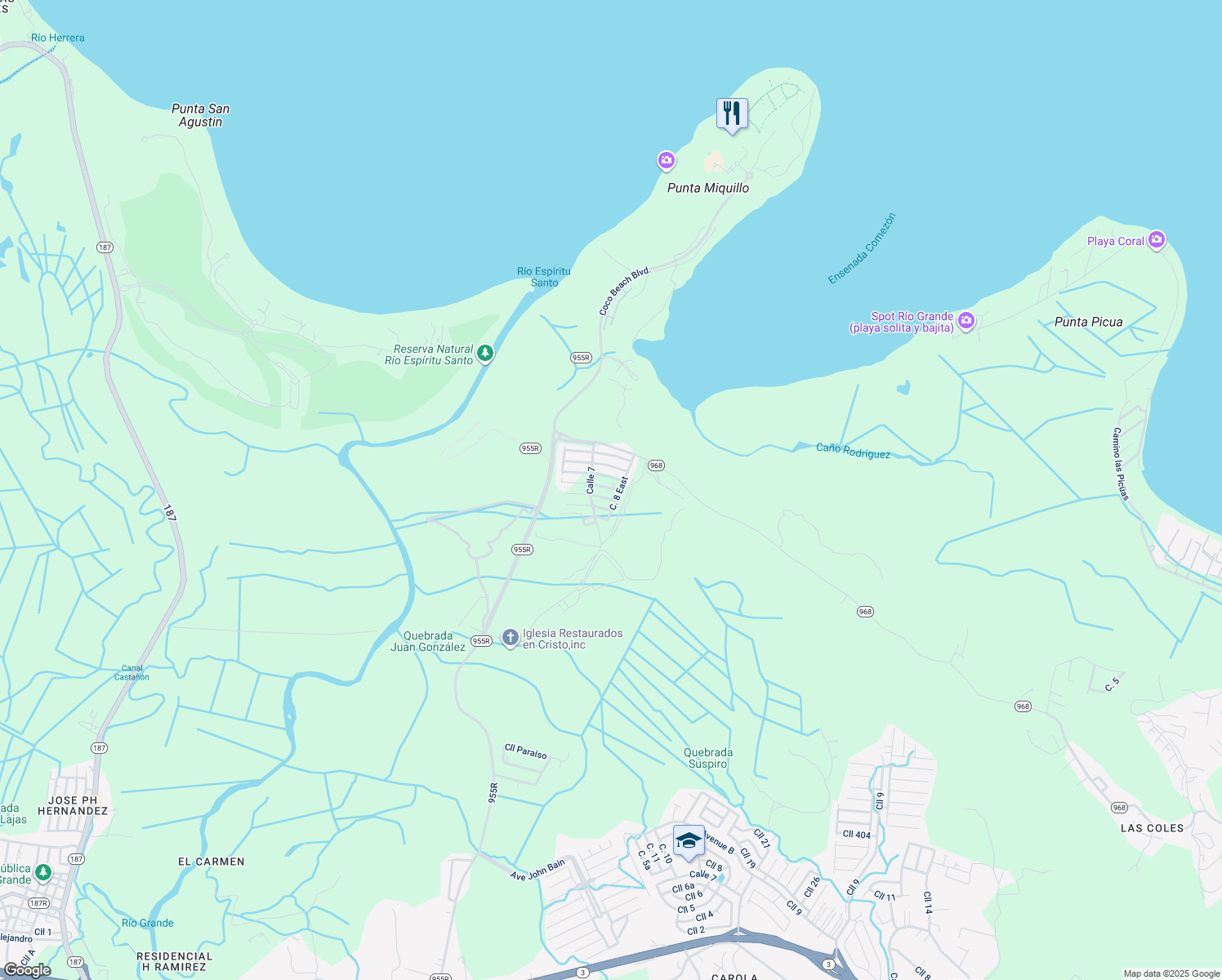 map of restaurants, bars, coffee shops, grocery stores, and more near Calle Marina in Rio Grande
