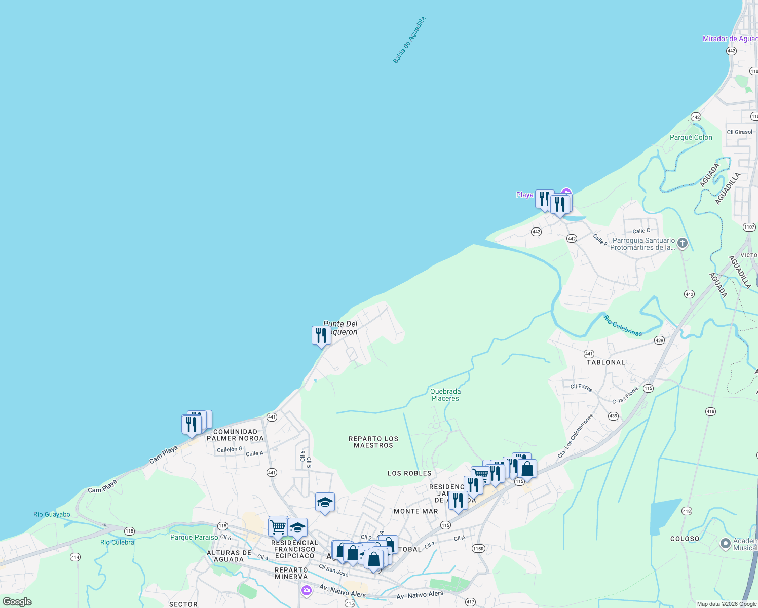 map of restaurants, bars, coffee shops, grocery stores, and more near in Aguada