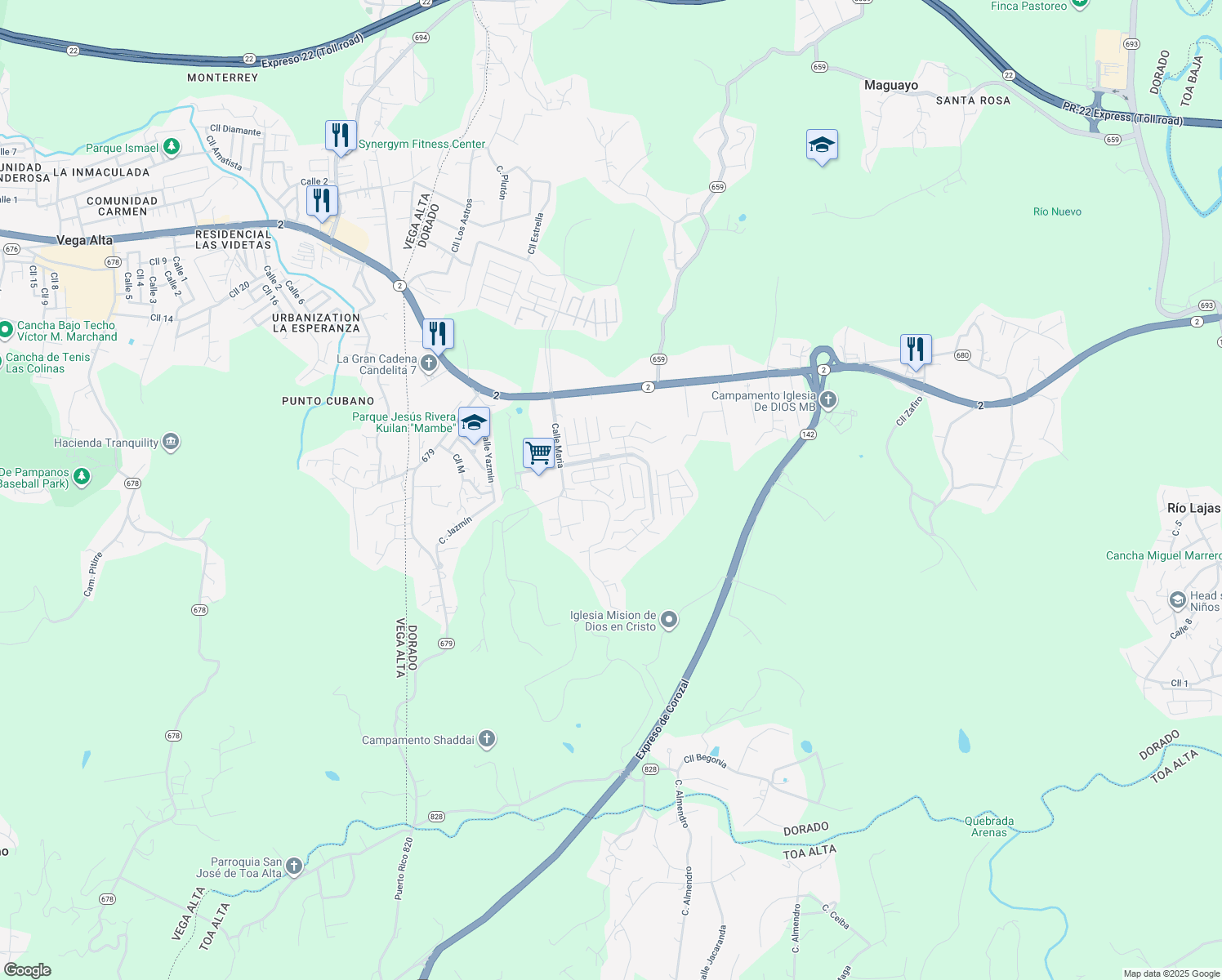 map of restaurants, bars, coffee shops, grocery stores, and more near 264 Calle Calandria in Dorado