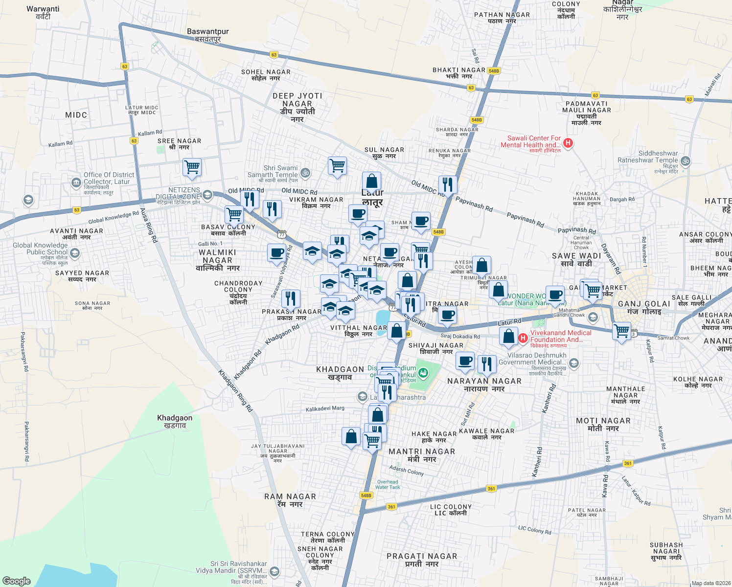 map of restaurants, bars, coffee shops, grocery stores, and more near sai dham Khadgaon Road in Latur