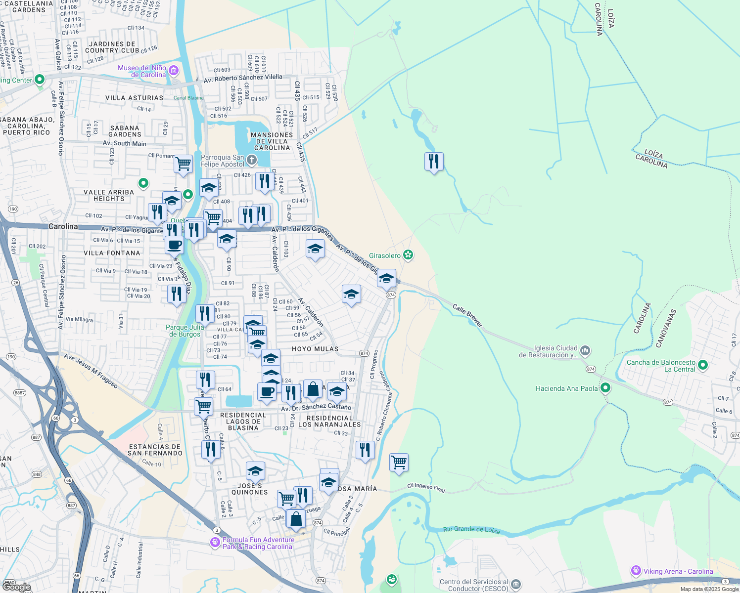 map of restaurants, bars, coffee shops, grocery stores, and more near in Carolina
