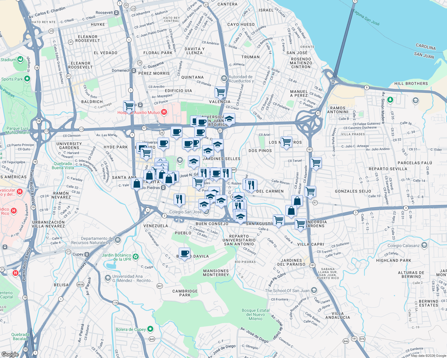 map of restaurants, bars, coffee shops, grocery stores, and more near 606 Avenida Barbosa in San Juan