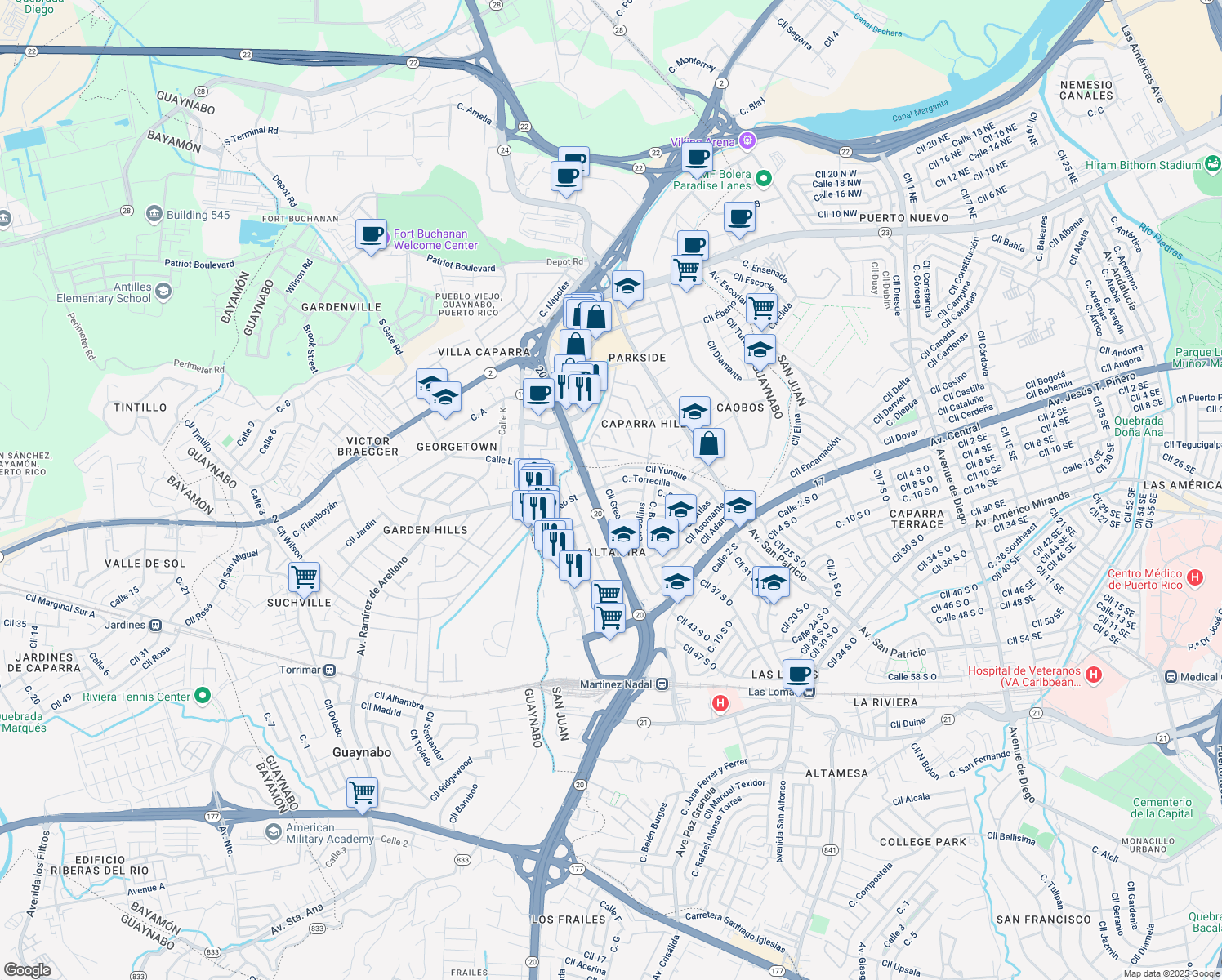 map of restaurants, bars, coffee shops, grocery stores, and more near 565-619 Calle Hillside in San Juan