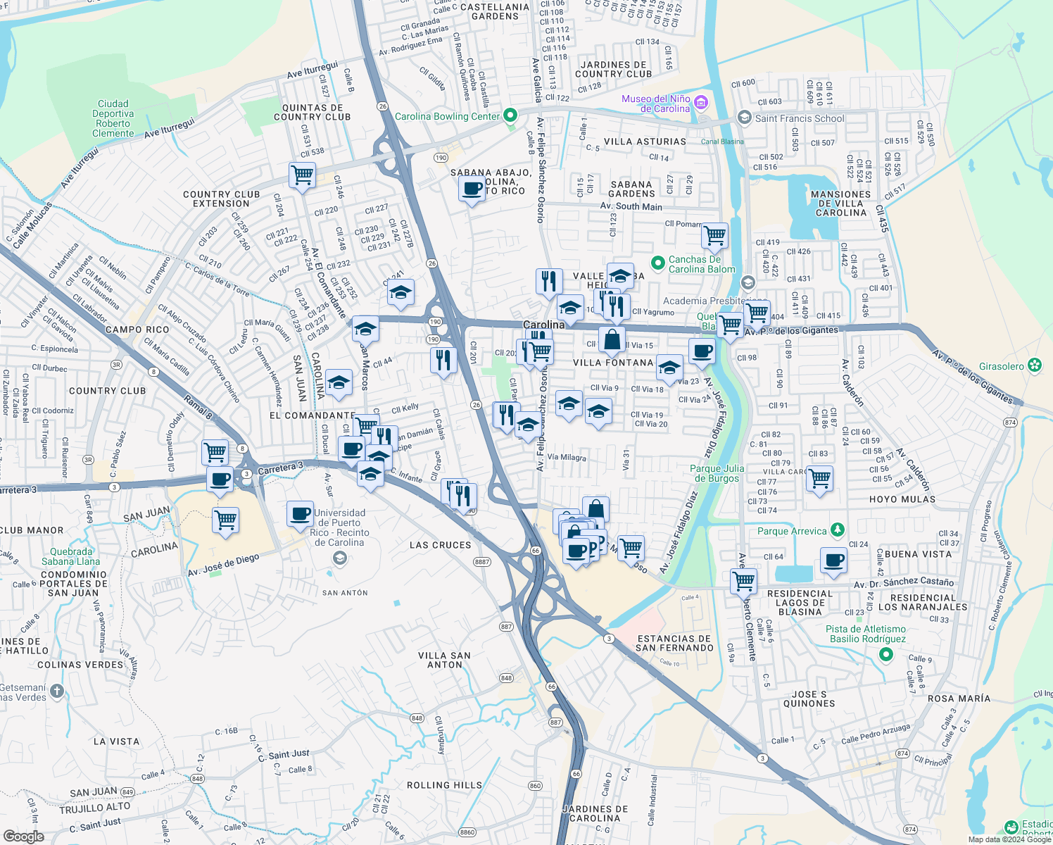 map of restaurants, bars, coffee shops, grocery stores, and more near Calle Parque Central in Carolina