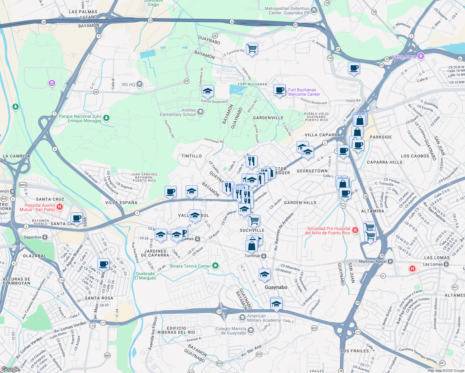 map of restaurants, bars, coffee shops, grocery stores, and more near in Guaynabo