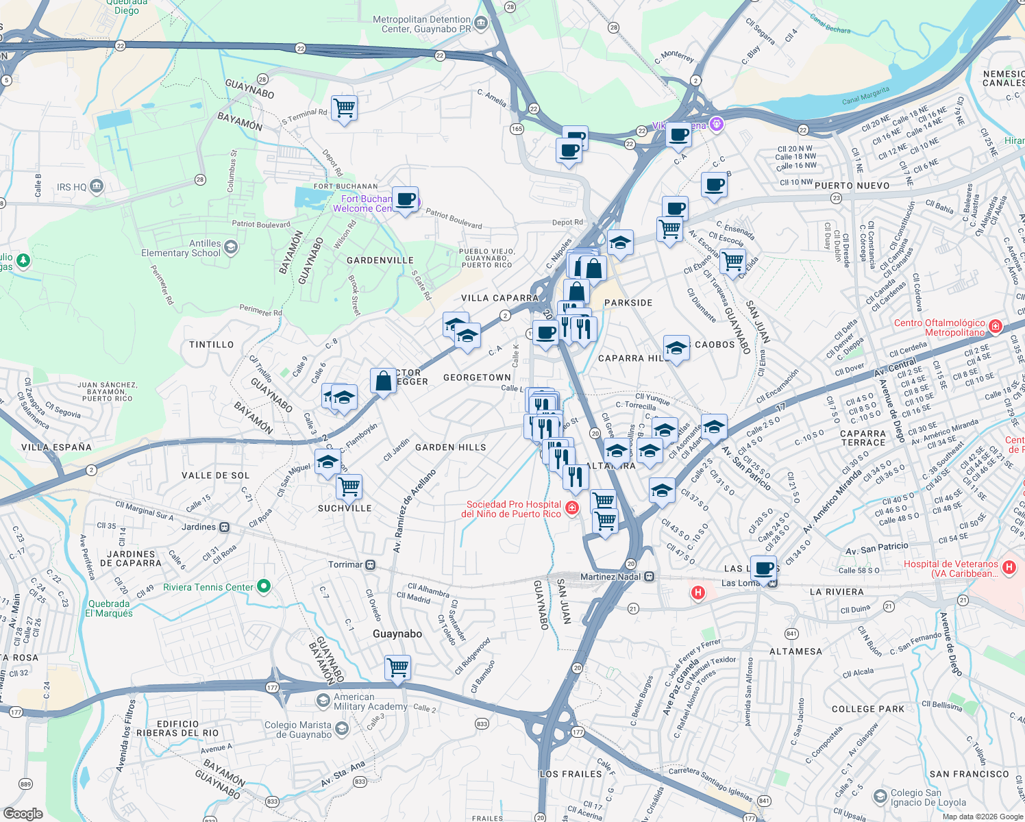 map of restaurants, bars, coffee shops, grocery stores, and more near Avenida Ramírez de Arellano in Guaynabo