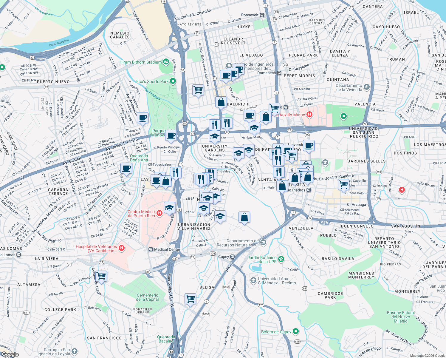 map of restaurants, bars, coffee shops, grocery stores, and more near 308-316 Calle Faraday in San Juan