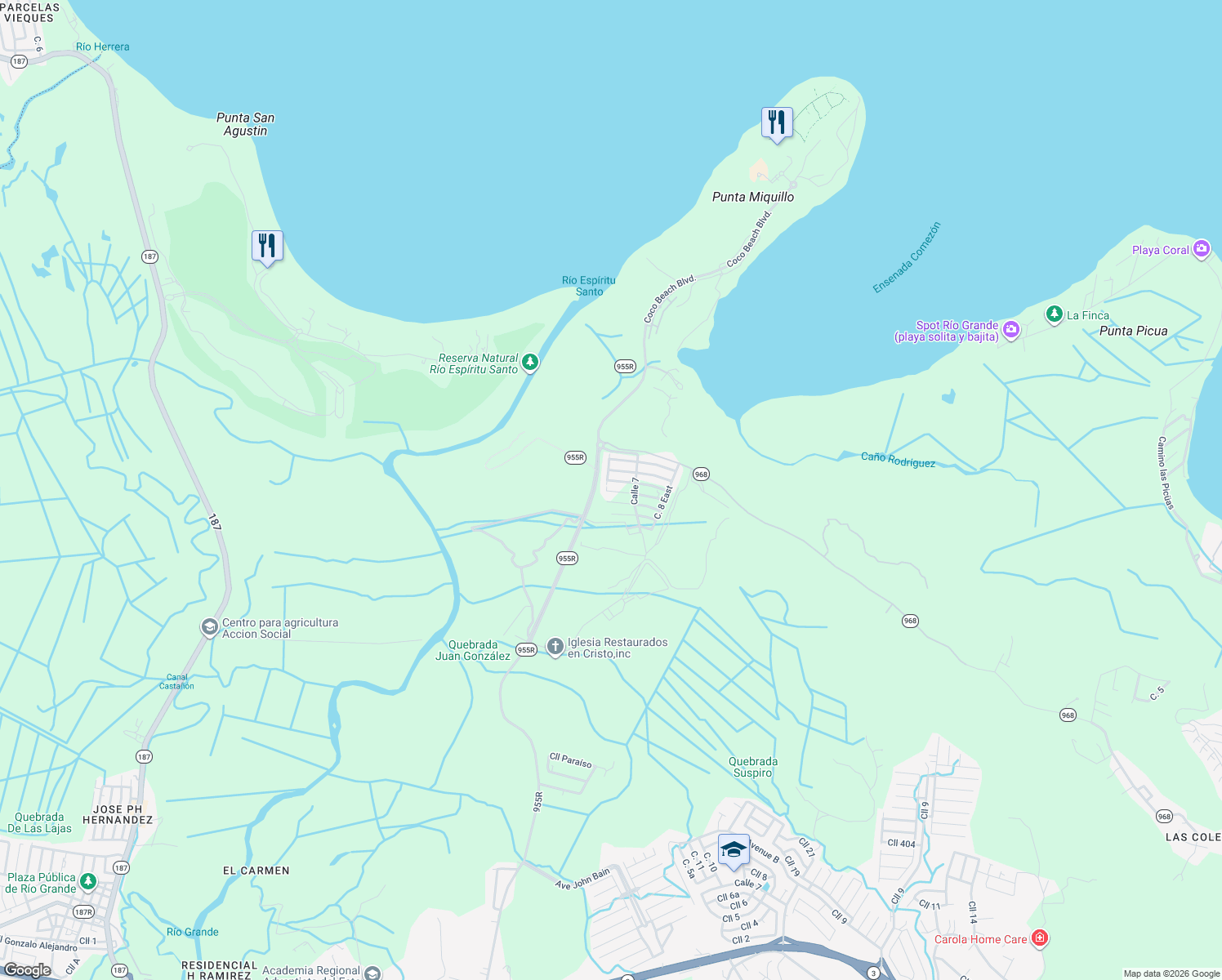 map of restaurants, bars, coffee shops, grocery stores, and more near Calle 5 West in Río Grande
