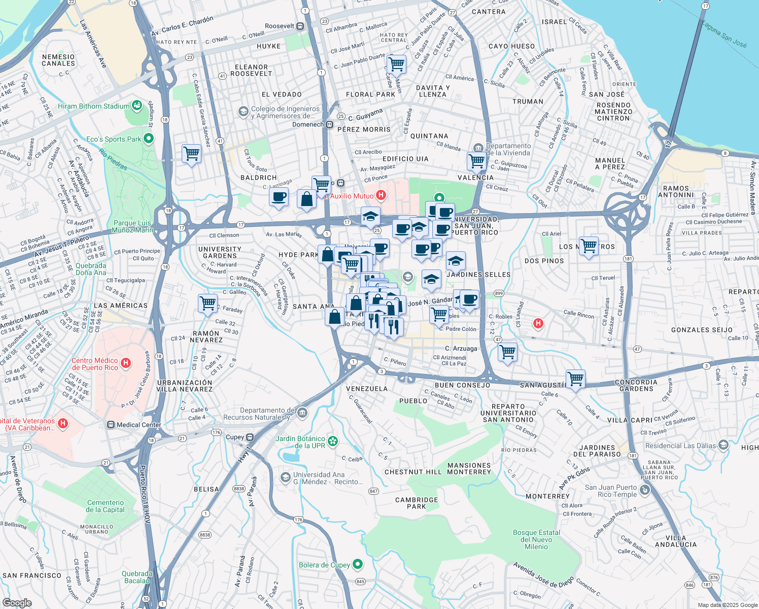 map of restaurants, bars, coffee shops, grocery stores, and more near 1014 Puerto Rico 25 in San Juan