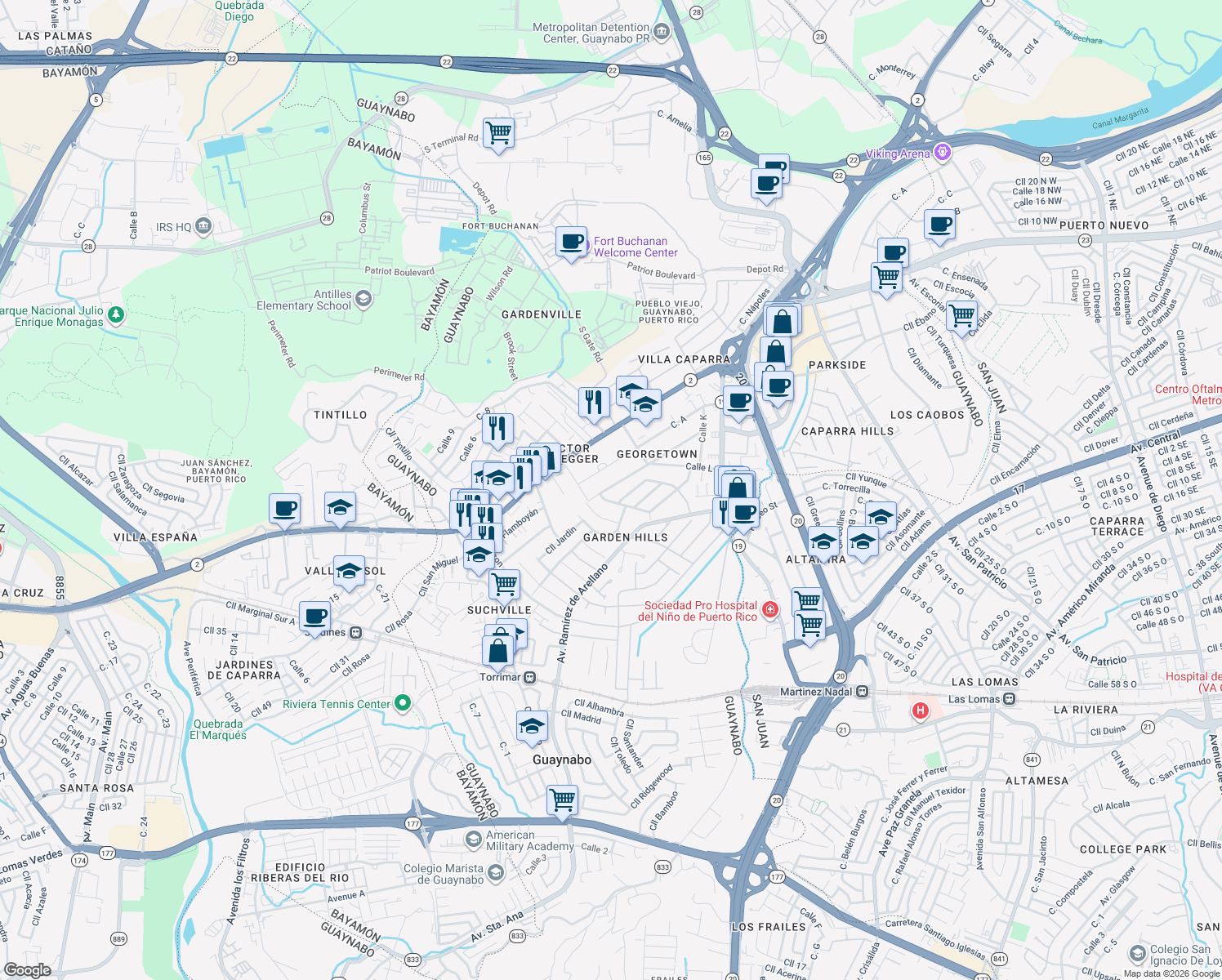 map of restaurants, bars, coffee shops, grocery stores, and more near Cll Green Valley in Guaynabo