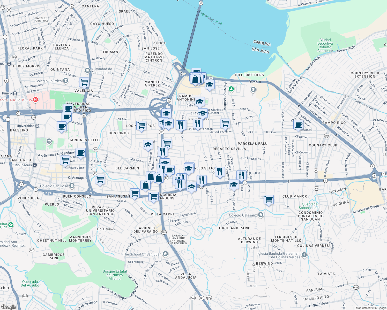 map of restaurants, bars, coffee shops, grocery stores, and more near Calle Las Brisas in San Juan