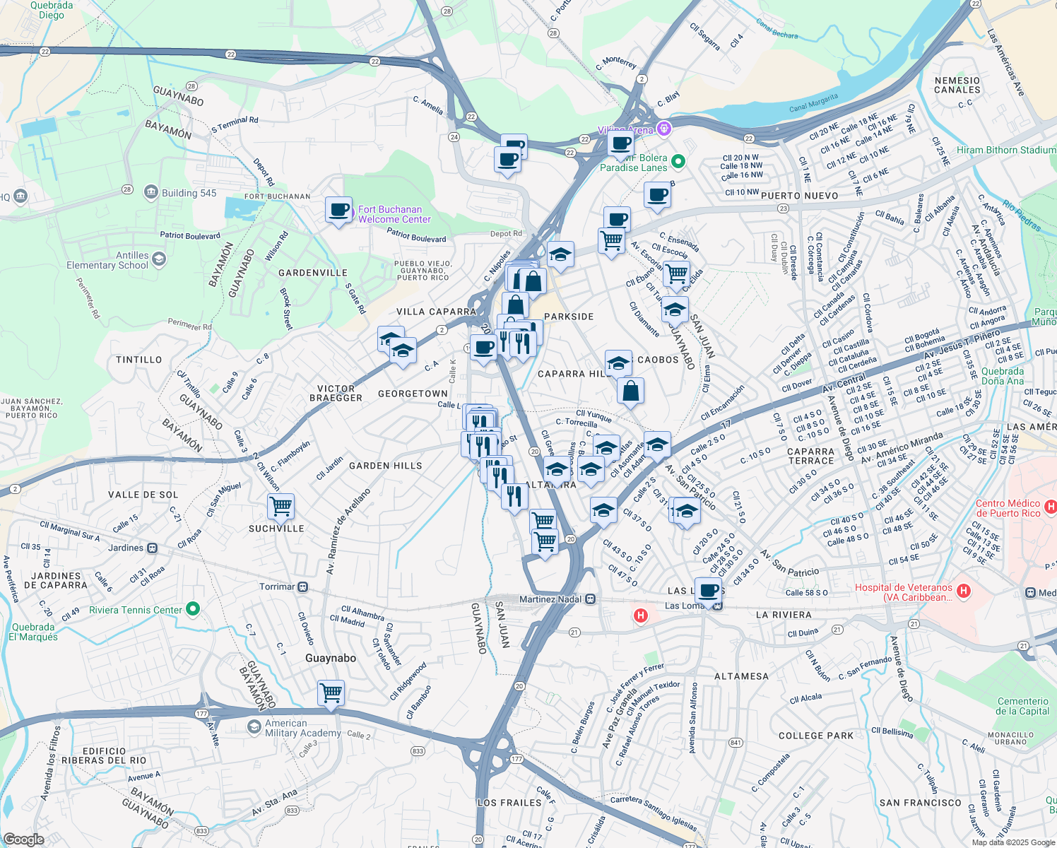 map of restaurants, bars, coffee shops, grocery stores, and more near 619 Calle Hillside in San Juan