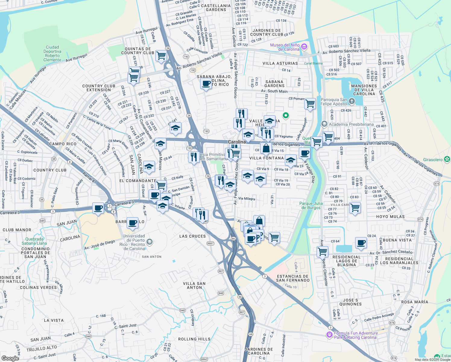 map of restaurants, bars, coffee shops, grocery stores, and more near Calle Parque Central in Carolina