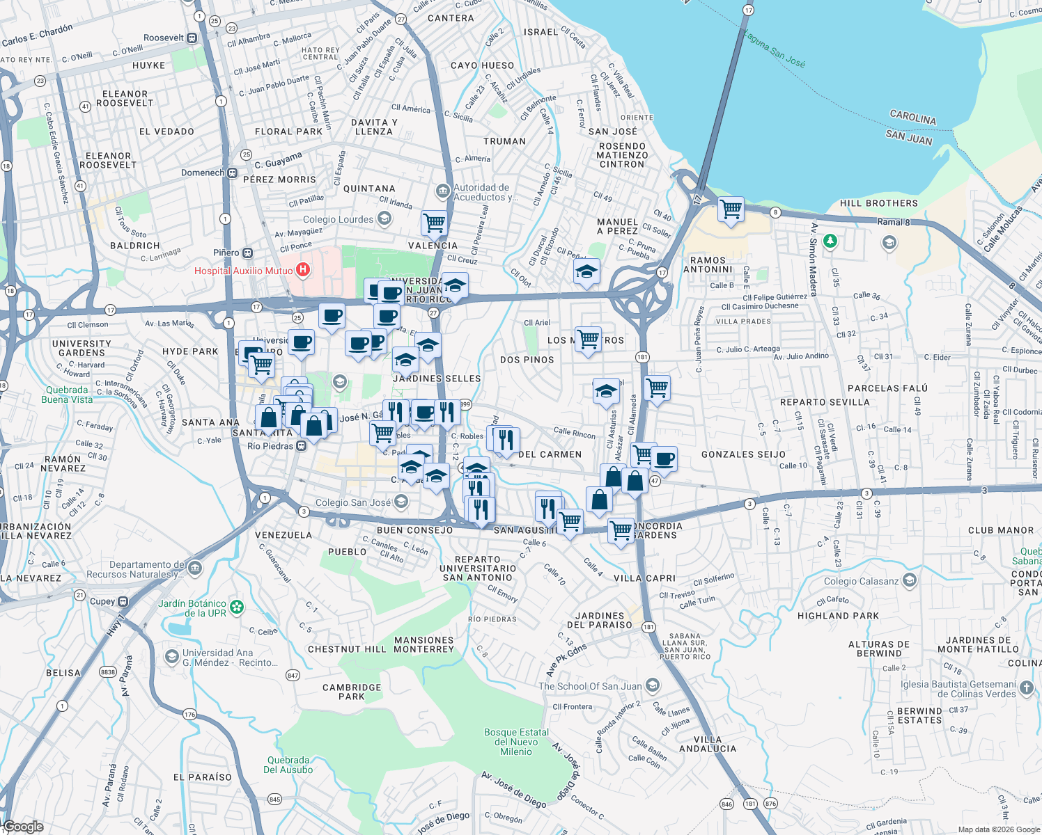 map of restaurants, bars, coffee shops, grocery stores, and more near Puerto Rico 899 in San Juan
