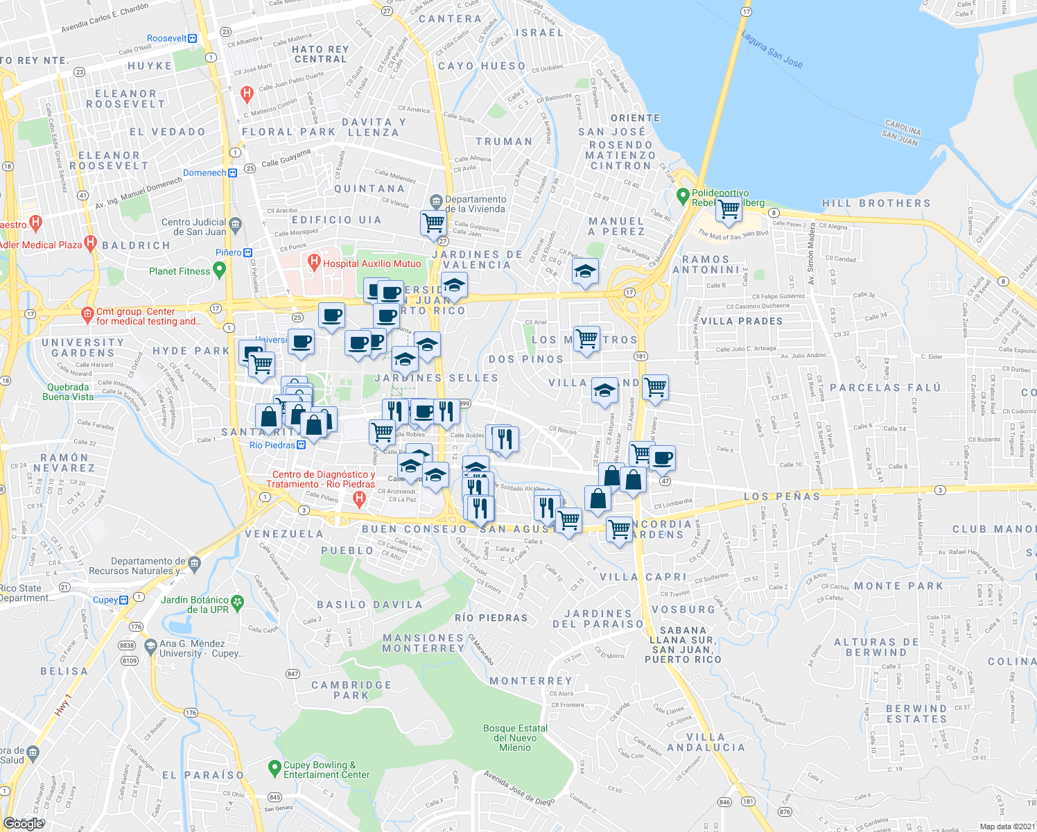 map of restaurants, bars, coffee shops, grocery stores, and more near Puerto Rico 899 in San Juan