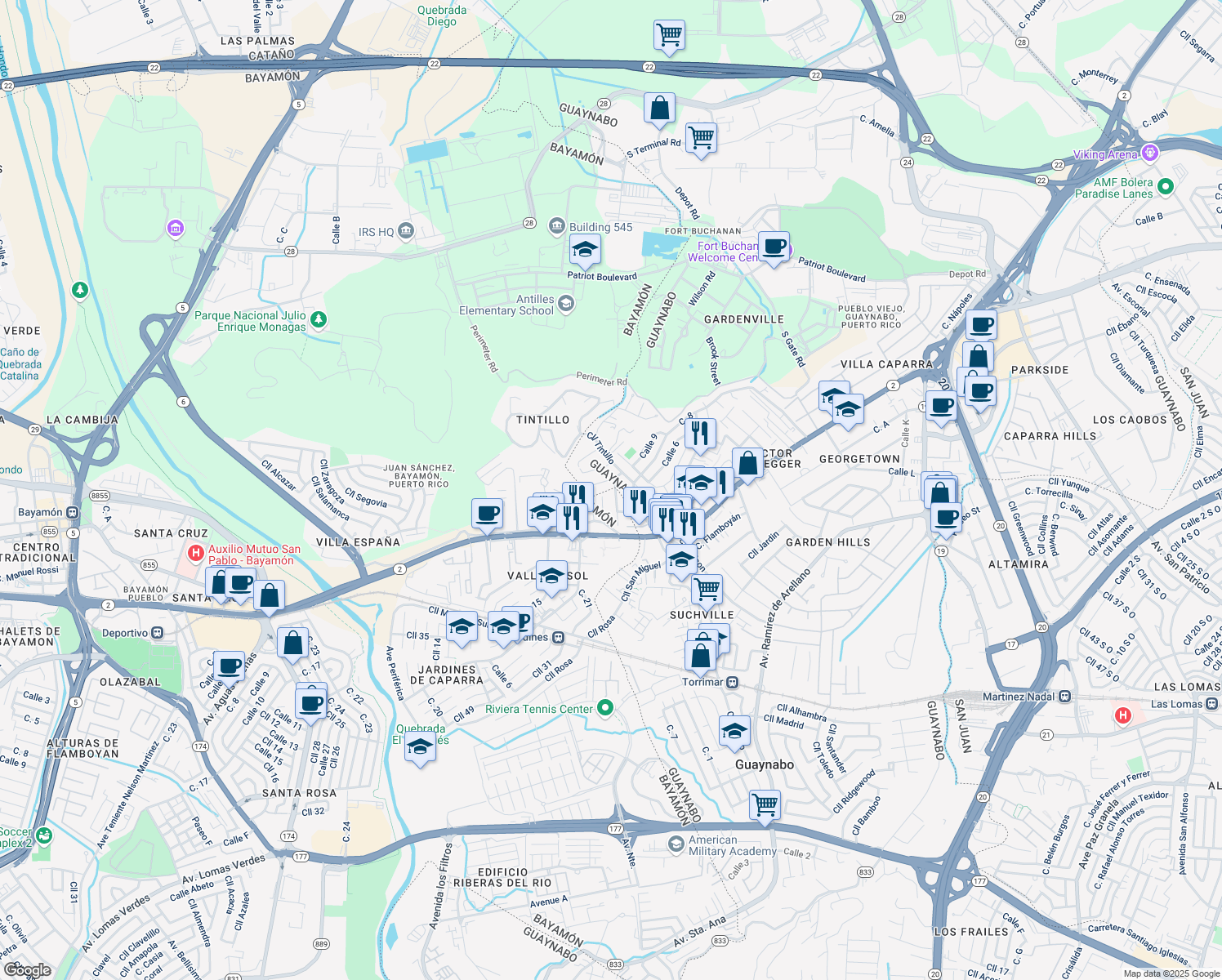 map of restaurants, bars, coffee shops, grocery stores, and more near 1 Calle Patricia in Guaynabo