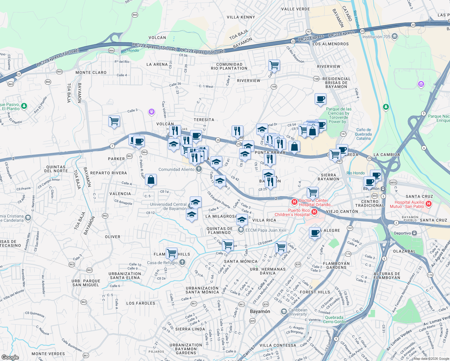 map of restaurants, bars, coffee shops, grocery stores, and more near 51 Carr 864 in Bayamón