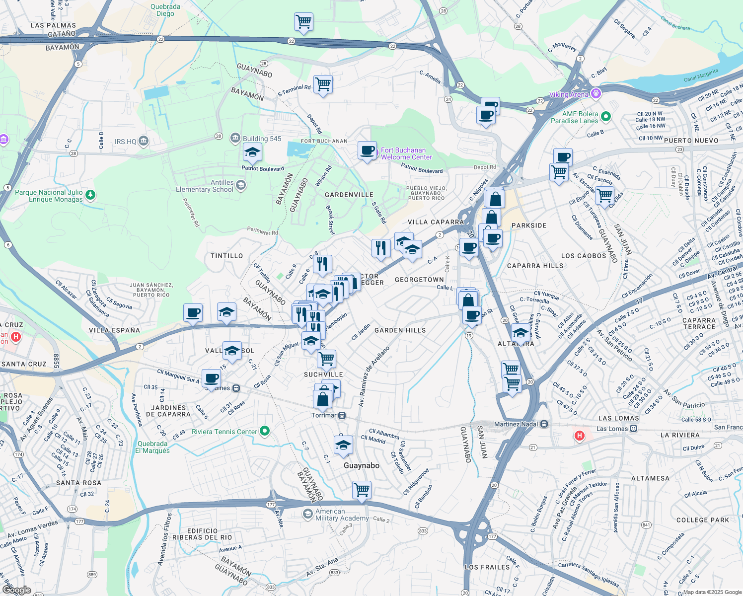map of restaurants, bars, coffee shops, grocery stores, and more near 1 Calle A in Guaynabo