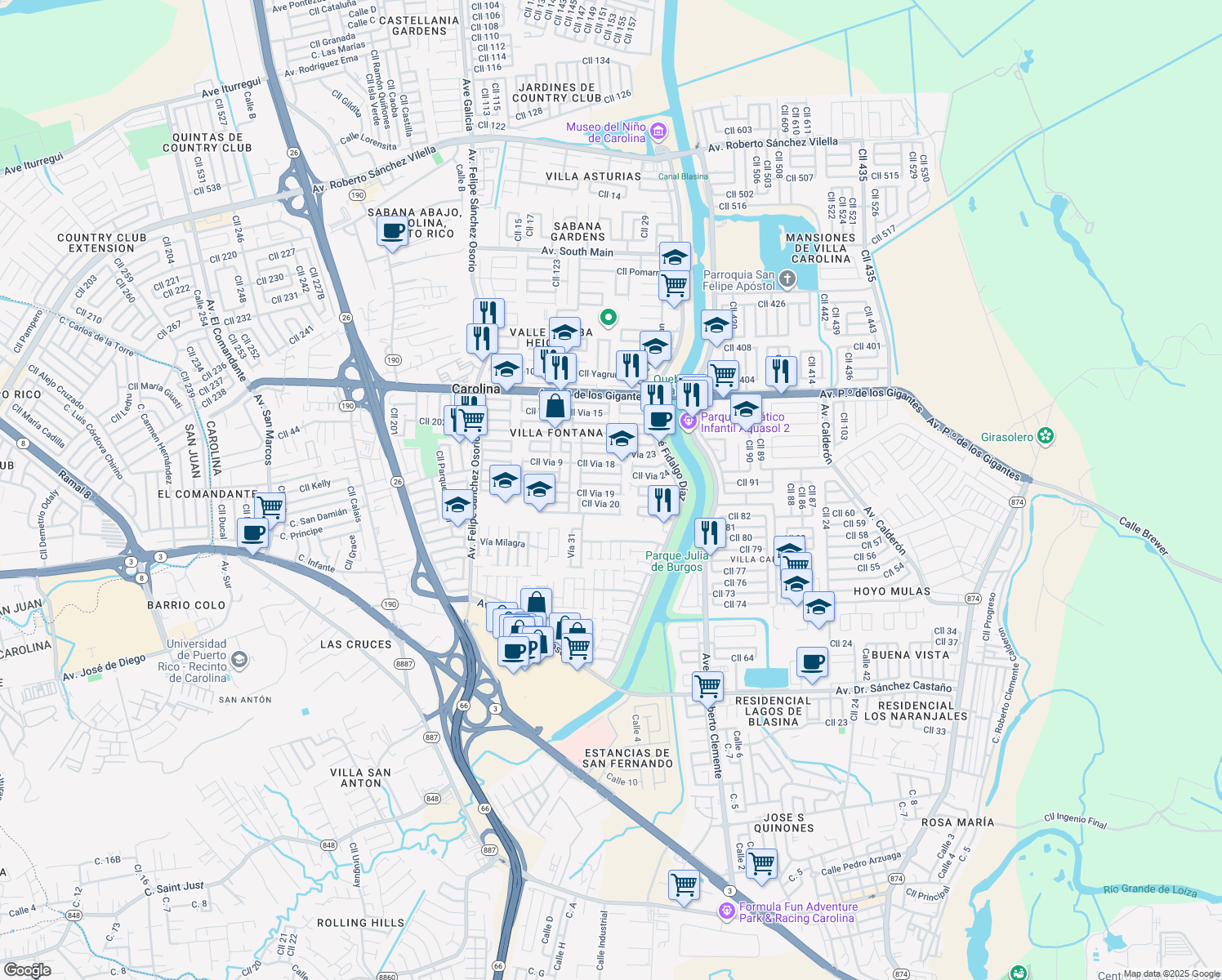 map of restaurants, bars, coffee shops, grocery stores, and more near 1 Calle Via 19 in Carolina