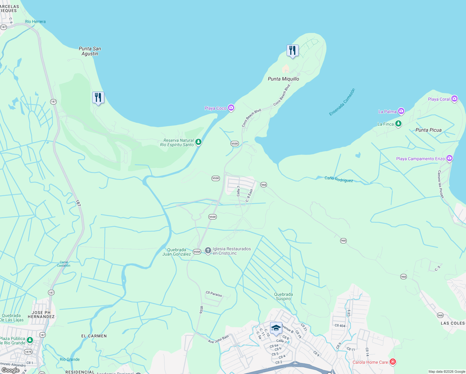 map of restaurants, bars, coffee shops, grocery stores, and more near Calle Manatí in Rio Grande