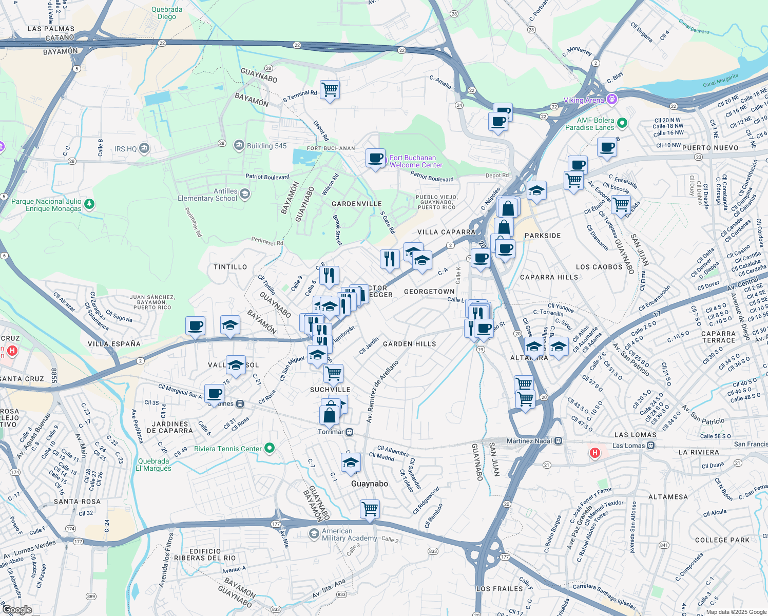 map of restaurants, bars, coffee shops, grocery stores, and more near 1-9 Calle A in Guaynabo