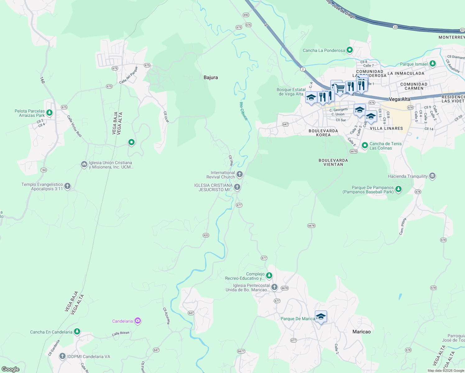 map of restaurants, bars, coffee shops, grocery stores, and more near in Vega Alta