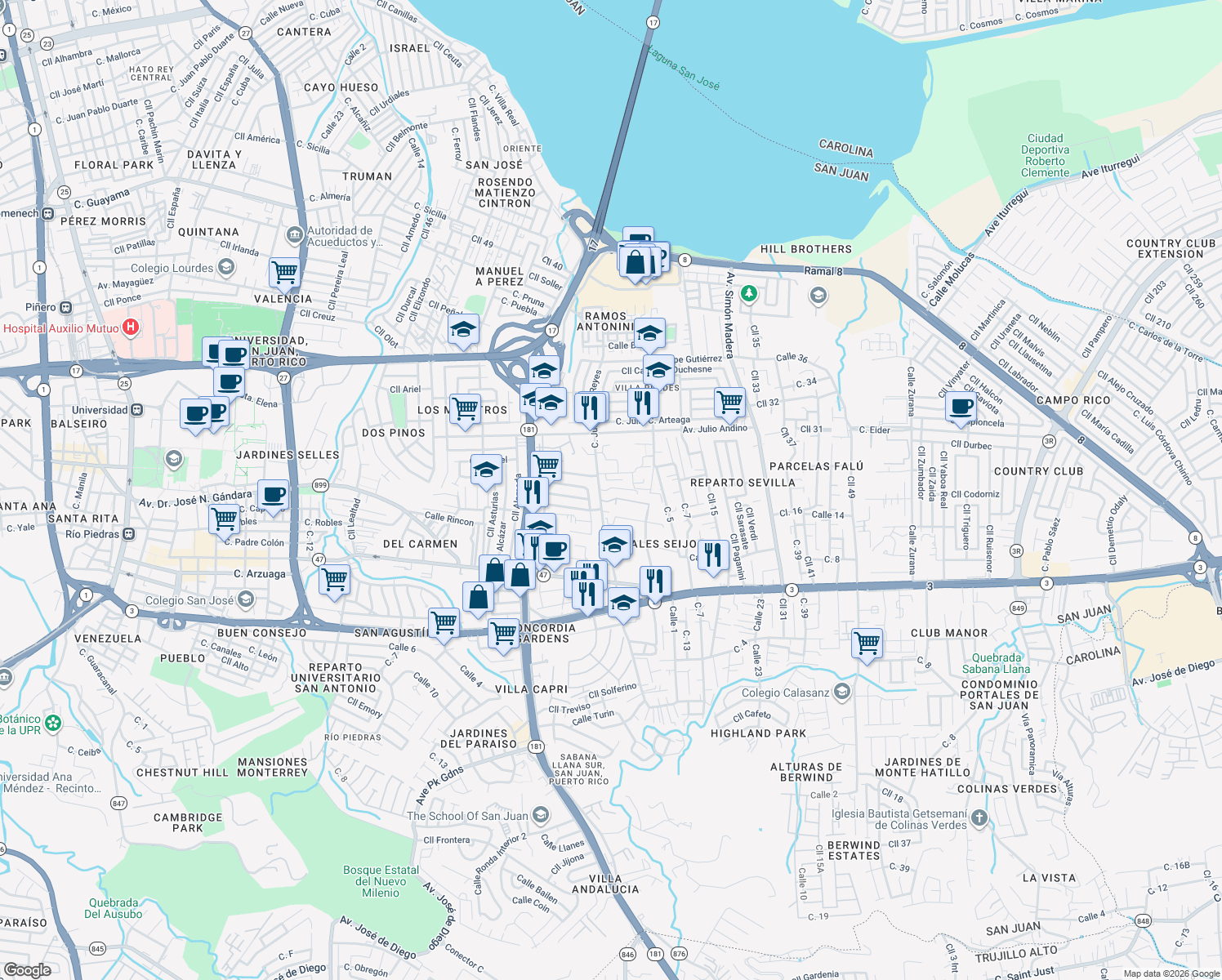 map of restaurants, bars, coffee shops, grocery stores, and more near Calle Las Brisas in San Juan