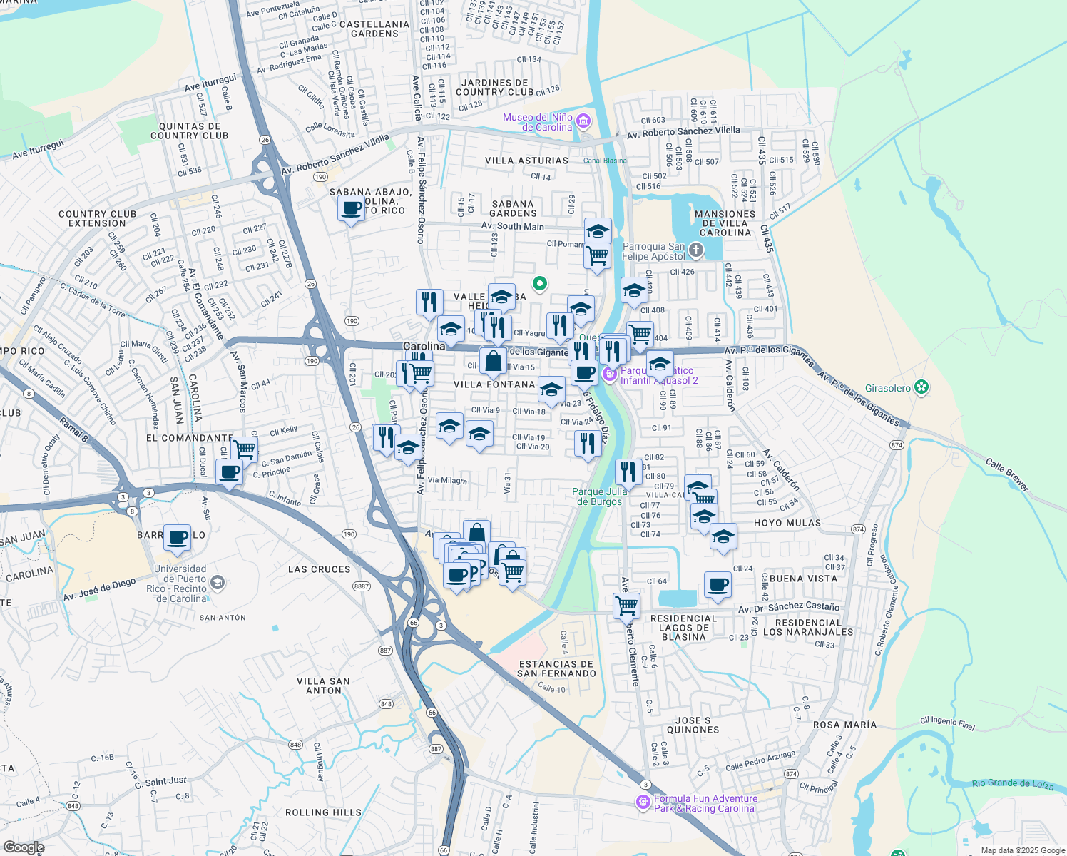 map of restaurants, bars, coffee shops, grocery stores, and more near 1 Calle Via 19 in Carolina