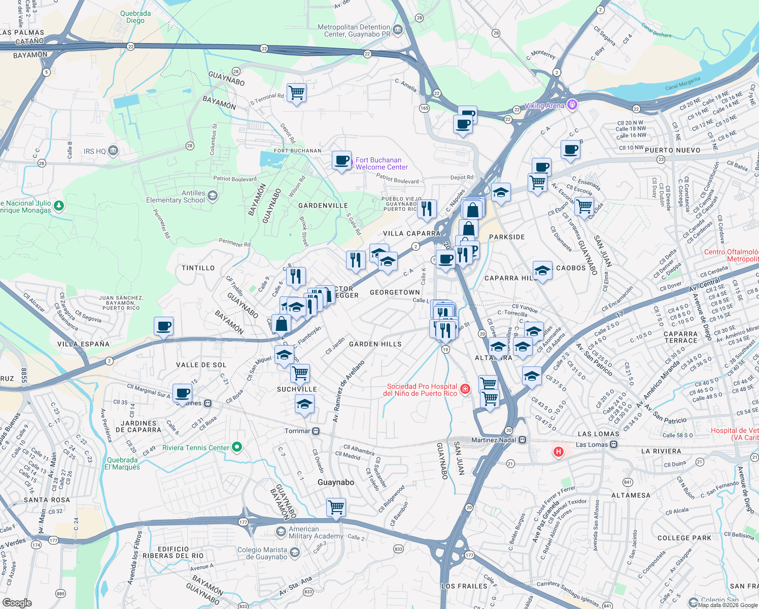 map of restaurants, bars, coffee shops, grocery stores, and more near Calle J in Guaynabo