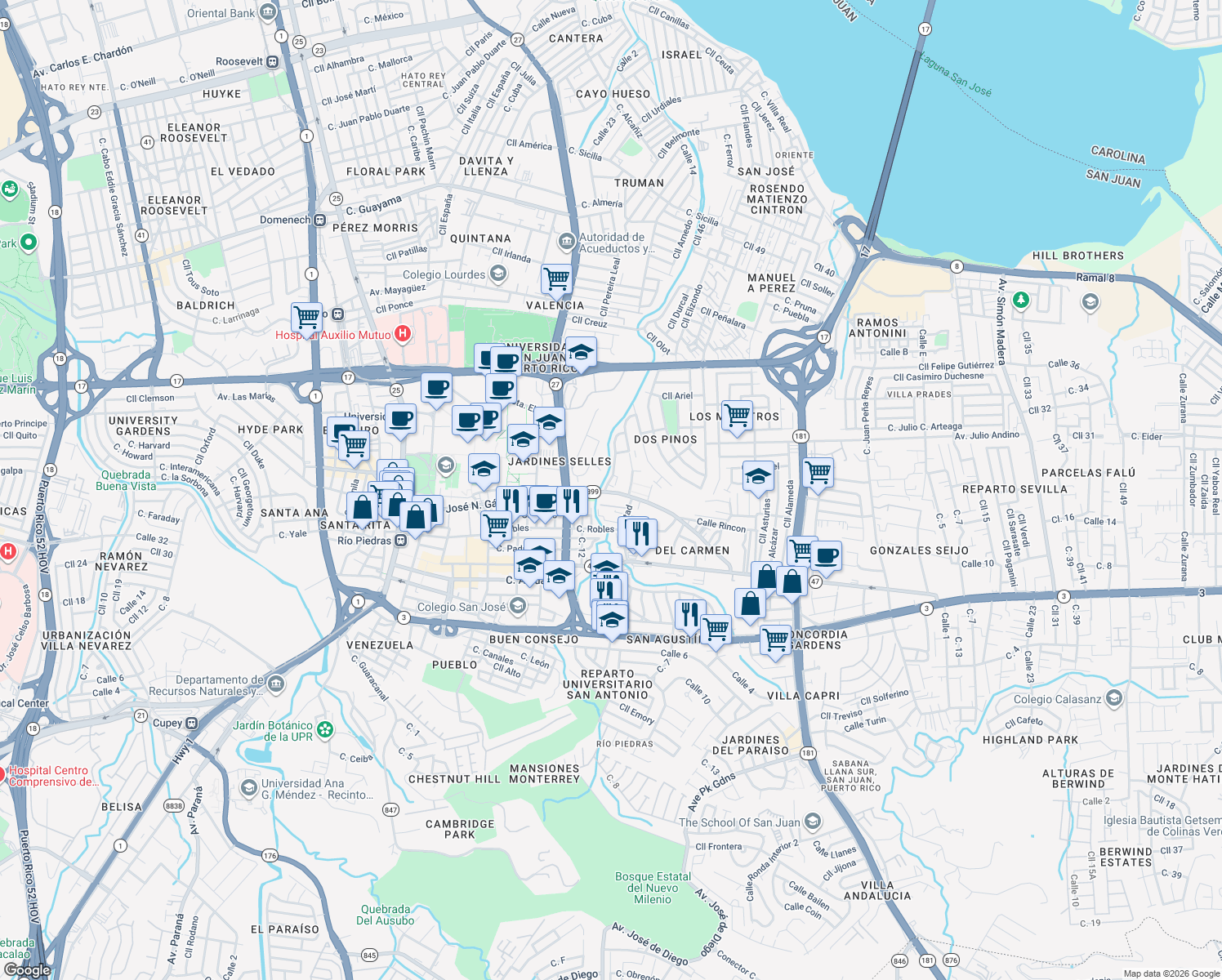 map of restaurants, bars, coffee shops, grocery stores, and more near 37-43 Puerto Rico 899 in San Juan