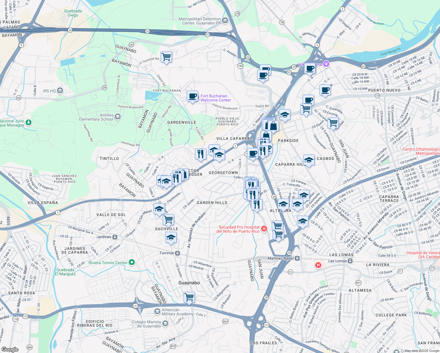 map of restaurants, bars, coffee shops, grocery stores, and more near Calle J in Guaynabo
