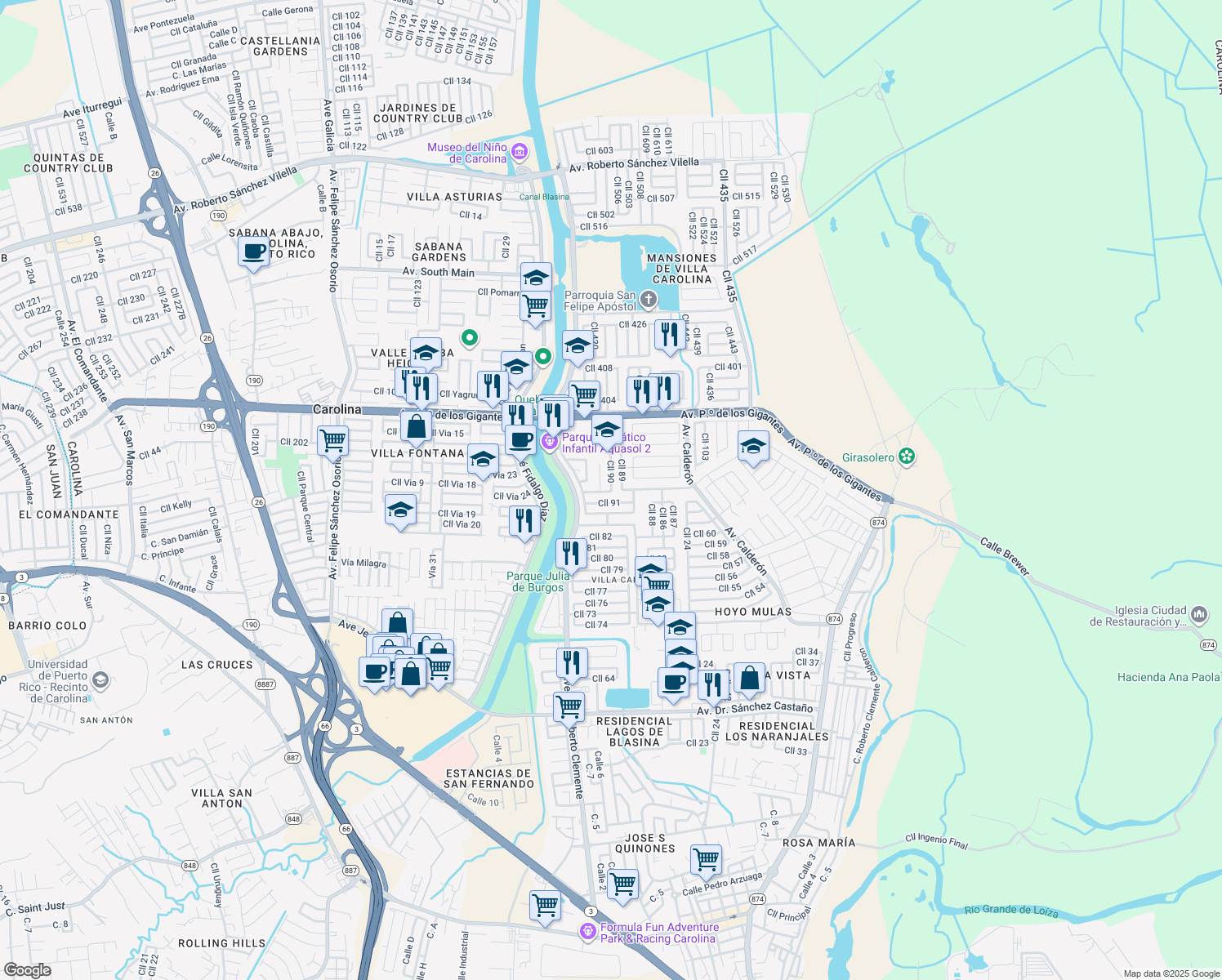 map of restaurants, bars, coffee shops, grocery stores, and more near 92 Calle 90 in Carolina