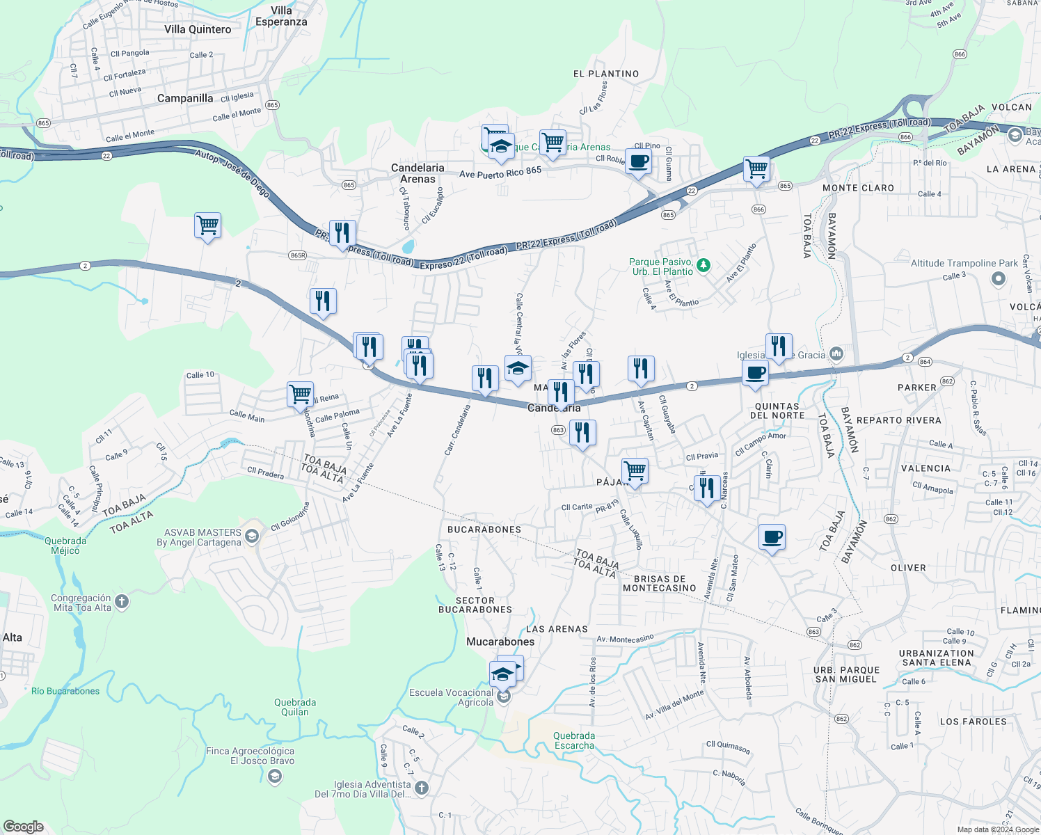map of restaurants, bars, coffee shops, grocery stores, and more near Calle Guama in Toa Baja