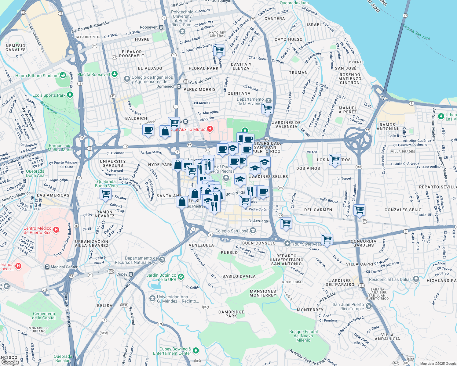 map of restaurants, bars, coffee shops, grocery stores, and more near in San Juan