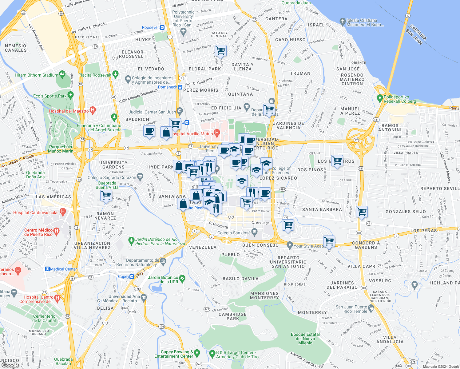 map of restaurants, bars, coffee shops, grocery stores, and more near in San Juan