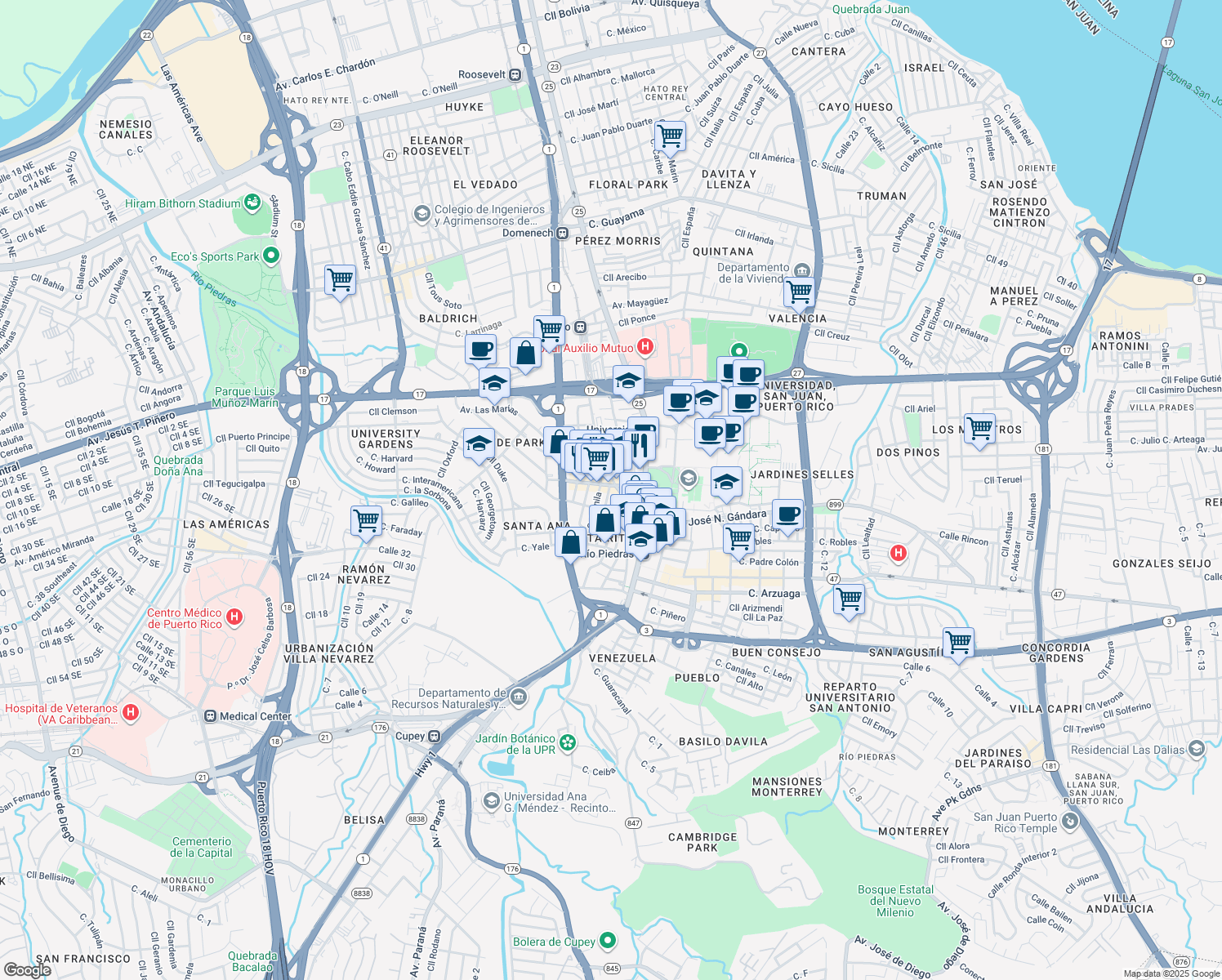 map of restaurants, bars, coffee shops, grocery stores, and more near 983 Calle Madrid in San Juan