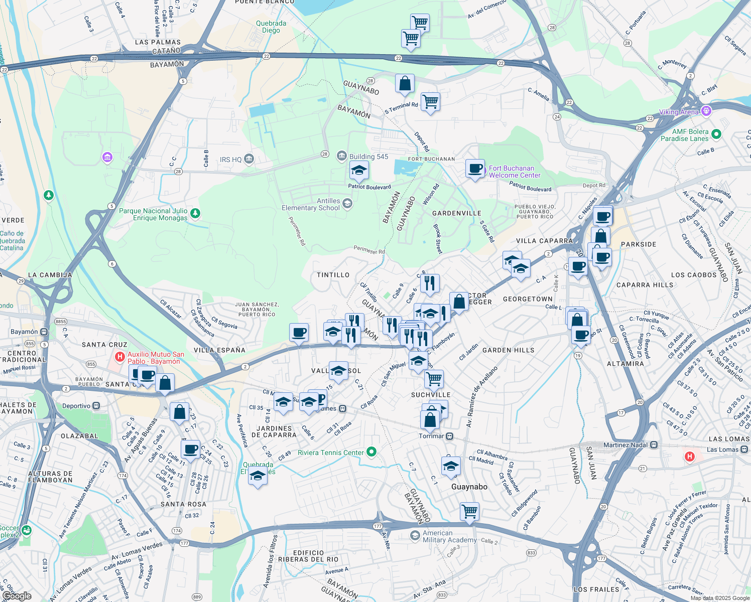 map of restaurants, bars, coffee shops, grocery stores, and more near Calle Tintillo in Guaynabo