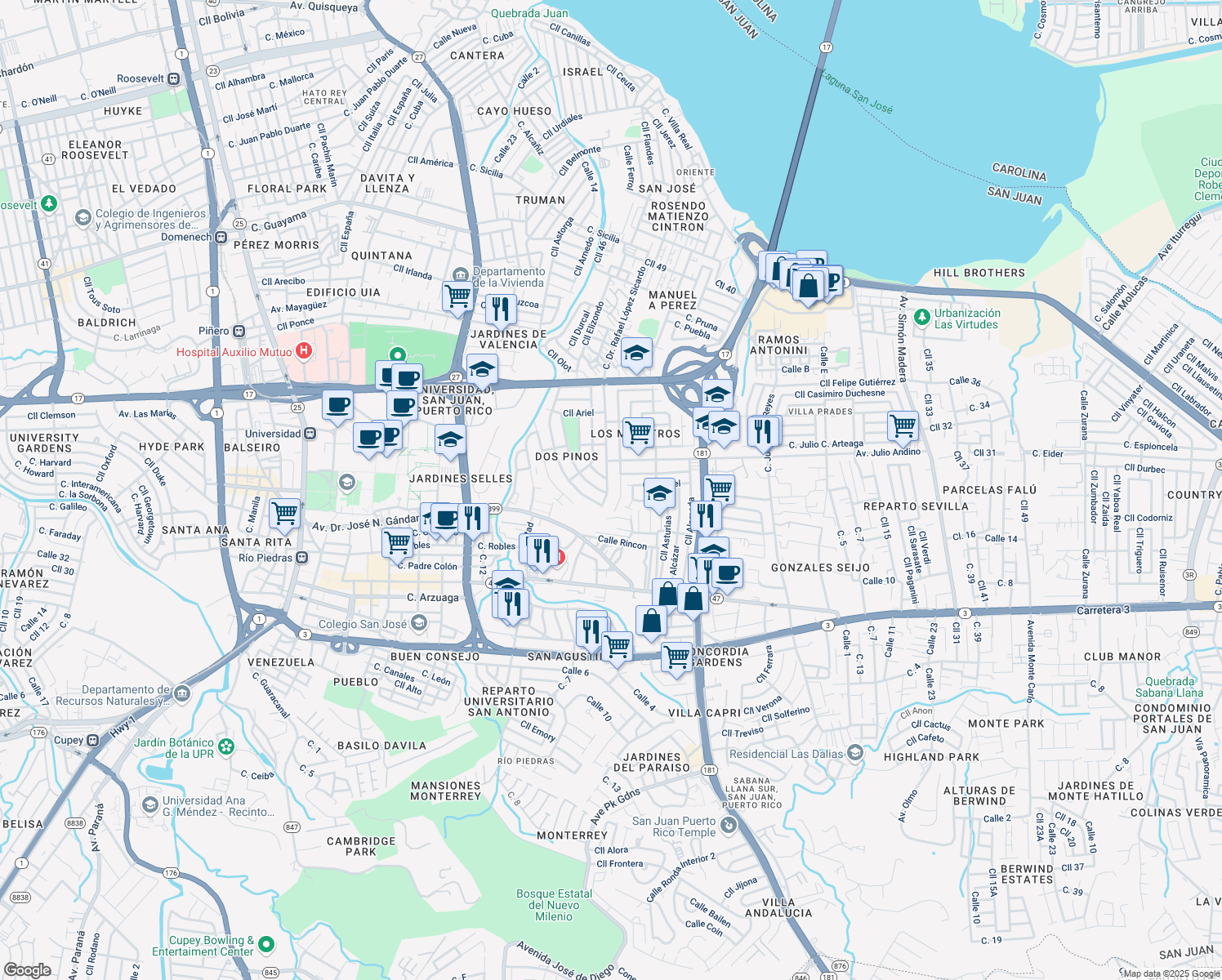 map of restaurants, bars, coffee shops, grocery stores, and more near 827 Calle Dr. Rafael López Sicardo in San Juan