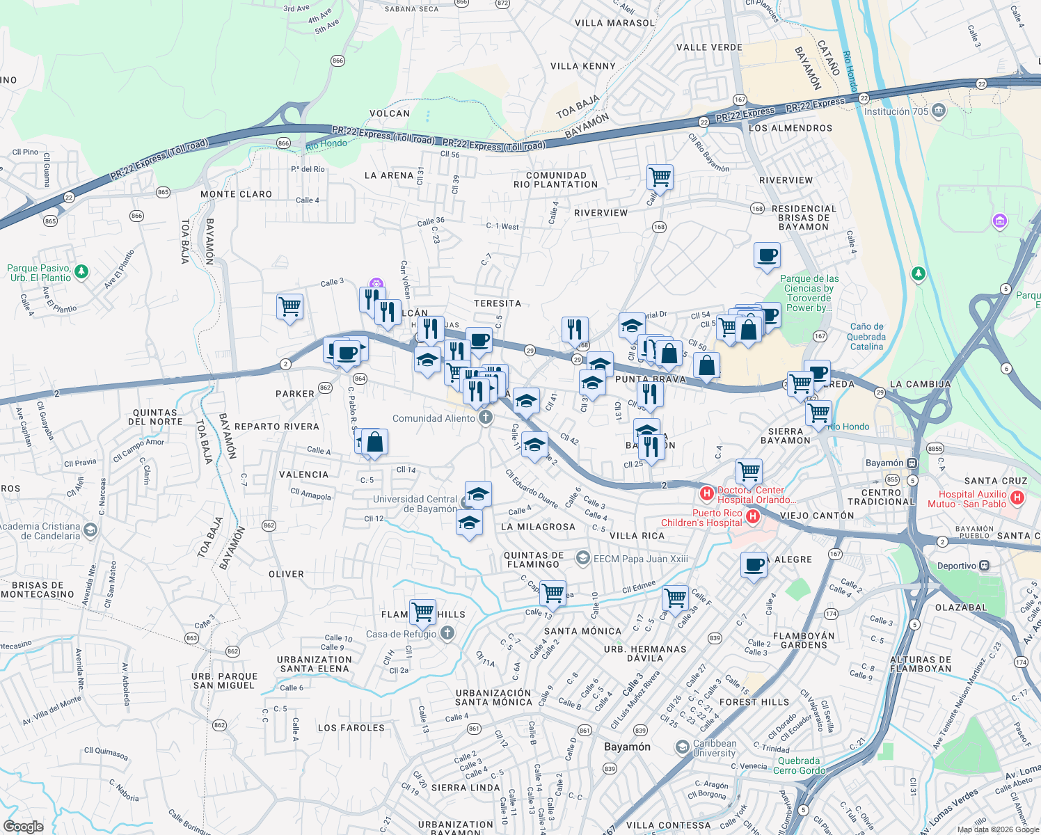 map of restaurants, bars, coffee shops, grocery stores, and more near 51 Carr 864 in Bayamón
